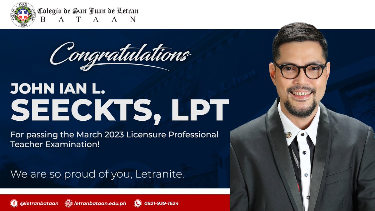 LetranBataan's tweet image. Congratulations!

Angela Louise D. Baluyot-Valero, LPT
John Ian L. Seeckts, LPT
Mary Joy P. Balana, LPT

for passing the March 2023 Licensure Professional Teacher Examination!

We are so proud of you, AlumKnight!
Siempre Arriba! Siempre Letran!