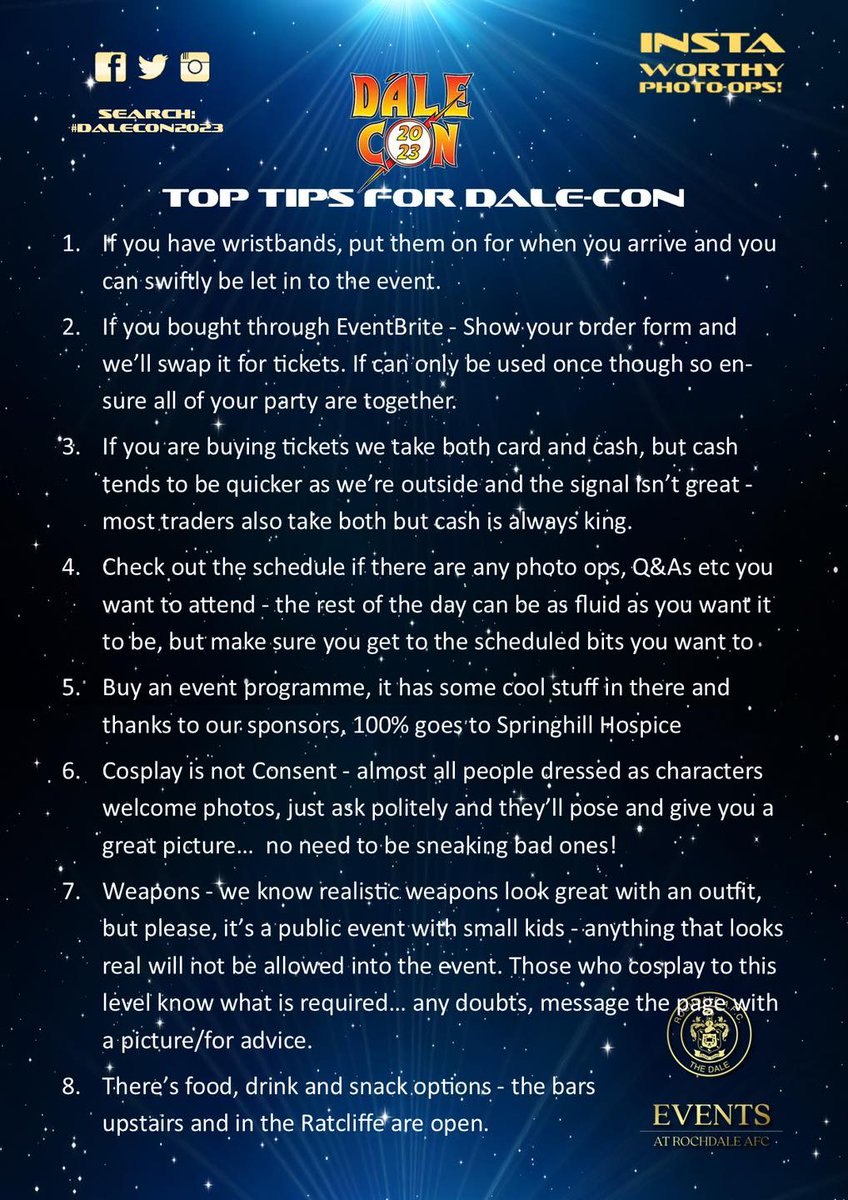officiallydale's tweet photo. All the details that you need to know ahead of today's #DaleCon event ๐
Early bird ticket holders can come from as early as 10am! ๐
For all the latest info and any updates make sure to follow @rochdaleevents ๐ฑ
#RAFC https://t.co/Gg9tLoZKmg