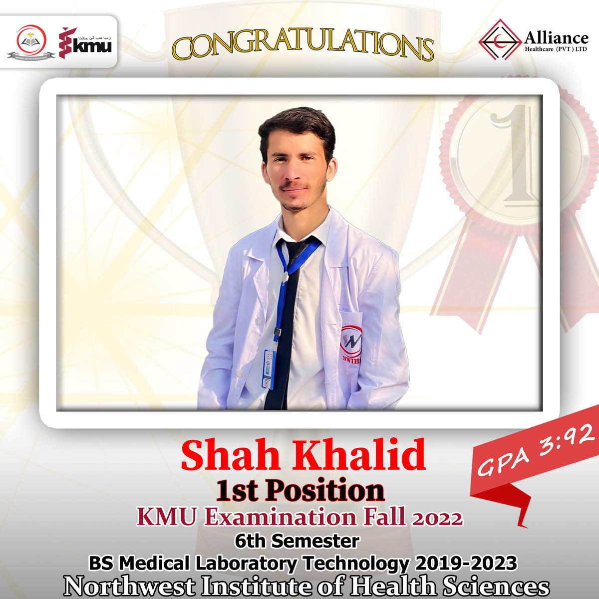 nwihsedu's tweet photo. Congratulations to Mr. Shah Khalid, student of Medical Lab Technology Department NWIHS for securing 1st position in Khyber Medical University 6th Semester exam fall 2022.
#Distinction #Positionholder #KMU #NWIHS #NWGH https://t.co/NVTE0Hy5xb