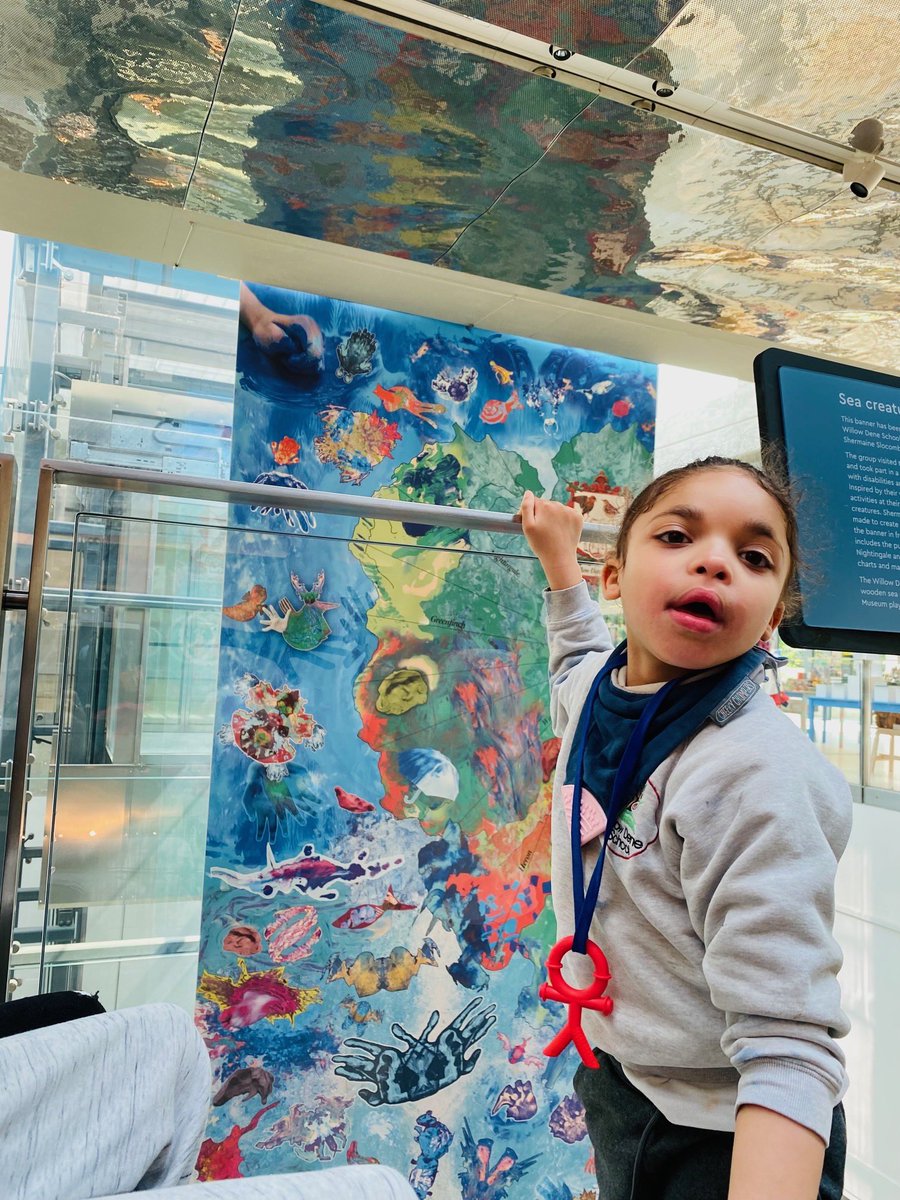 WillowDeneSch's tweet photo. Last term four of our classes created art based on a sensory sea story they experienced @RMGreenwich and with the help of artist @shemyslocs our art is now hanging in the Greenwich National Maritime Museum! Today was the first visit from the classes to see the art on display. https://t.co/4FGY3J781w