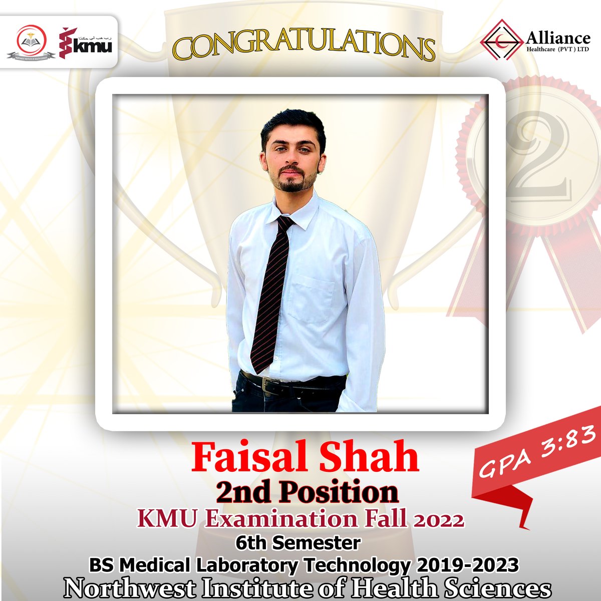 nwihsedu's tweet photo. Congratulations to Mr. Faisal Shah student of Medical Lab Technology Department NWIHS for securing 2nd Position in Khyber Medical University 6th Semester exam fall 2022.
#Distinction #Positionholder #KMU #NWIHS #NWGH https://t.co/8iHKV6Xqlt