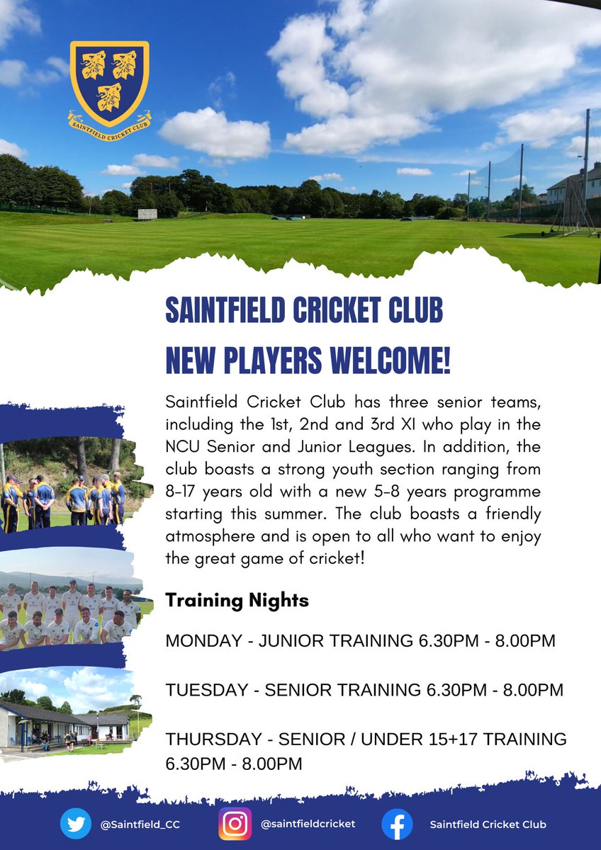 If anyone is interested in taking up cricket as a new sport or just wanting to return to the wonderful game of cricket, Saintfield Cricket Club is open to anyone who wishes to do so 🏏

Our training nights are listed on the poster below so please come along 💙💛