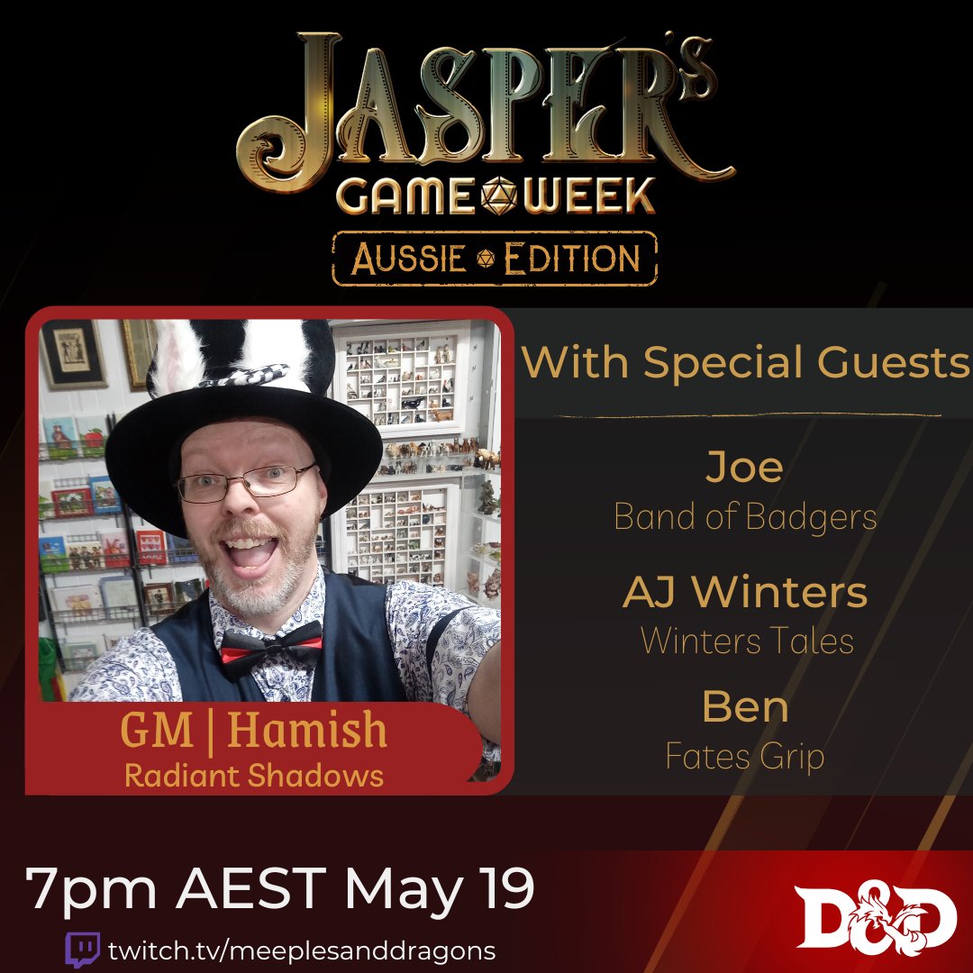 Meeples_Dragons's tweet photo. 🔴 Getting ready to start Game 3!

Come and join GM Hamish for what is being described as D&amp;D5e Die Hard with a twist 👀

https://t.co/Qp5wRB8war 

https://t.co/S73vnrz376 

#dnd #ttrpg #jaspersgameweek #JGW #JGWAussieEdition #charitystream https://t.co/Hwaerh8cMP