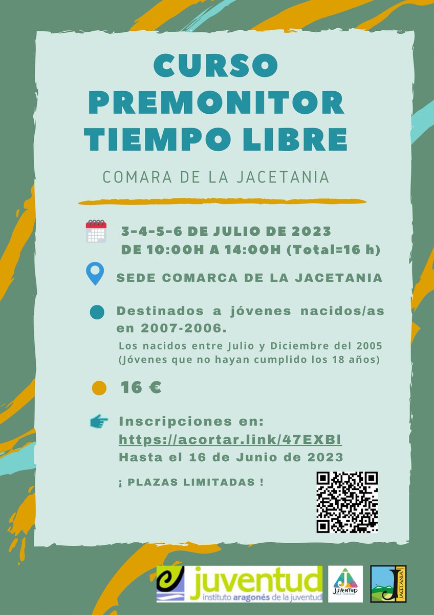 cJacetania's tweet photo. #Curso de #PREMONITOR de #tiempolibre.
Dirigido a #jóvenes nacidos en los años 2006 y 2007. Del 3 al 6 de julio, de 10h a 14h en la sede comarcal de #Jaca.
Plazas limitadas. Necesaria inscripción previa en: https://t.co/l5AE6Gi6JP
Organiza: Comarca de la #Jacetania e @IAJaragon https://t.co/lLCDIqCIYP