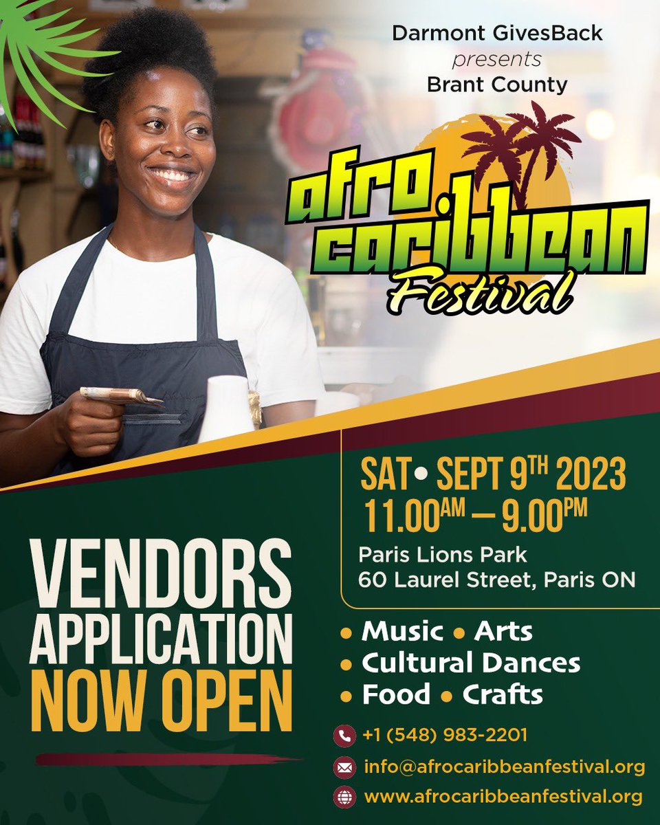 AfroCariBrant's tweet photo. Attention all vendors! 📢 

Don't miss your chance to be a part of the County of Brant Afro-Caribbean Festival and showcase your business to a diverse and engaged audience! 🌍👀 
#BrantCounty #BrantAfroCaribbFest #DarmontGivesBack #VendorOpportunities 
https://t.co/5zut9QtXJ9 https://t.co/XQNIDFpq6e