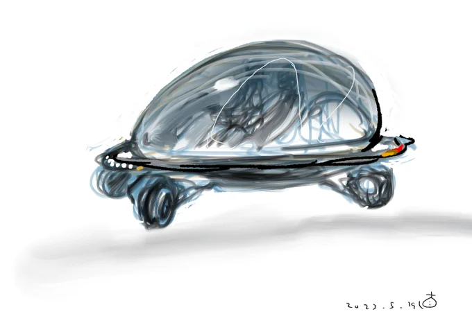 インホイールモーターを採用した ドライバーの死角を極力無くした4輪操舵のEVカー  * もうどこかのカーデザイナーが絵にしているとは思いますが。  市街地での巡航最高速度は時速30キロ(万が一、歩行者とぶつかっても死者が出にくい速度がこのくらい  透明なキャノピーは柔らかな素材でできている