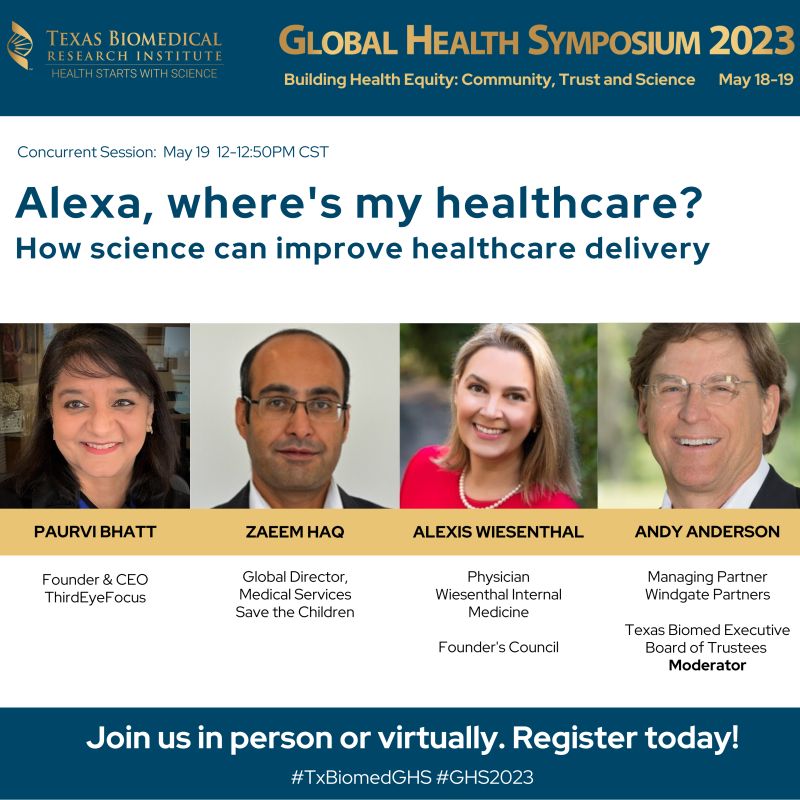 Looking forward to an insightful discussion this afternoon w/ @PaurviBhatt 
Join us in person at #SanAntonio TX or online for @TXbiomed Global Health Symposium.
#digitalhealth #heathequity #GHS2023 
Register here: lnkd.in/gSDVCpgX