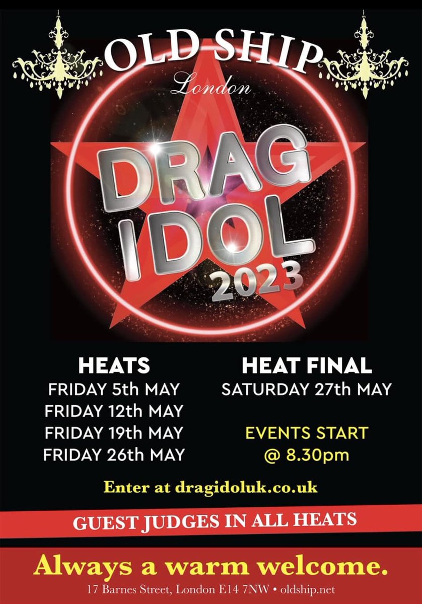 Tonight at <a href="/OldshipE14/">OldshipE14</a> is Heat number 3 of <a href="/DragIdolUK/">ᴅʀᴀɢ ɪᴅᴏʟ ᴜᴋ</a>! Come on down and cheer on your favourite and start your weekend with a bang! #dragidol #drag #oldshiplimehouse