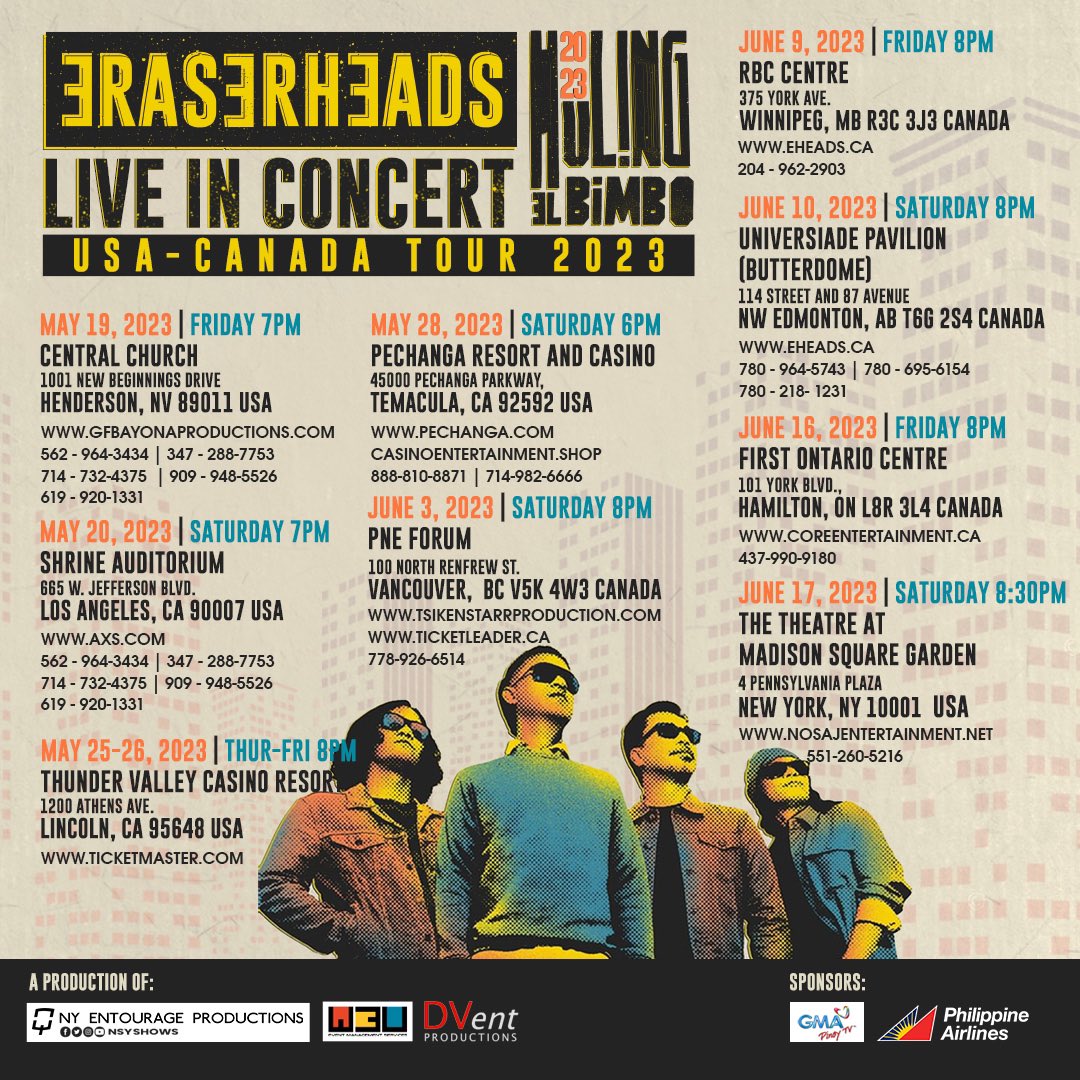 US and Canada 
1st stop 📍Las Vegas, Nevada
May 19 
#nsyshows
#Eraserheads2023 #EraserheadsWorldTour #hulingelbimbo2023
