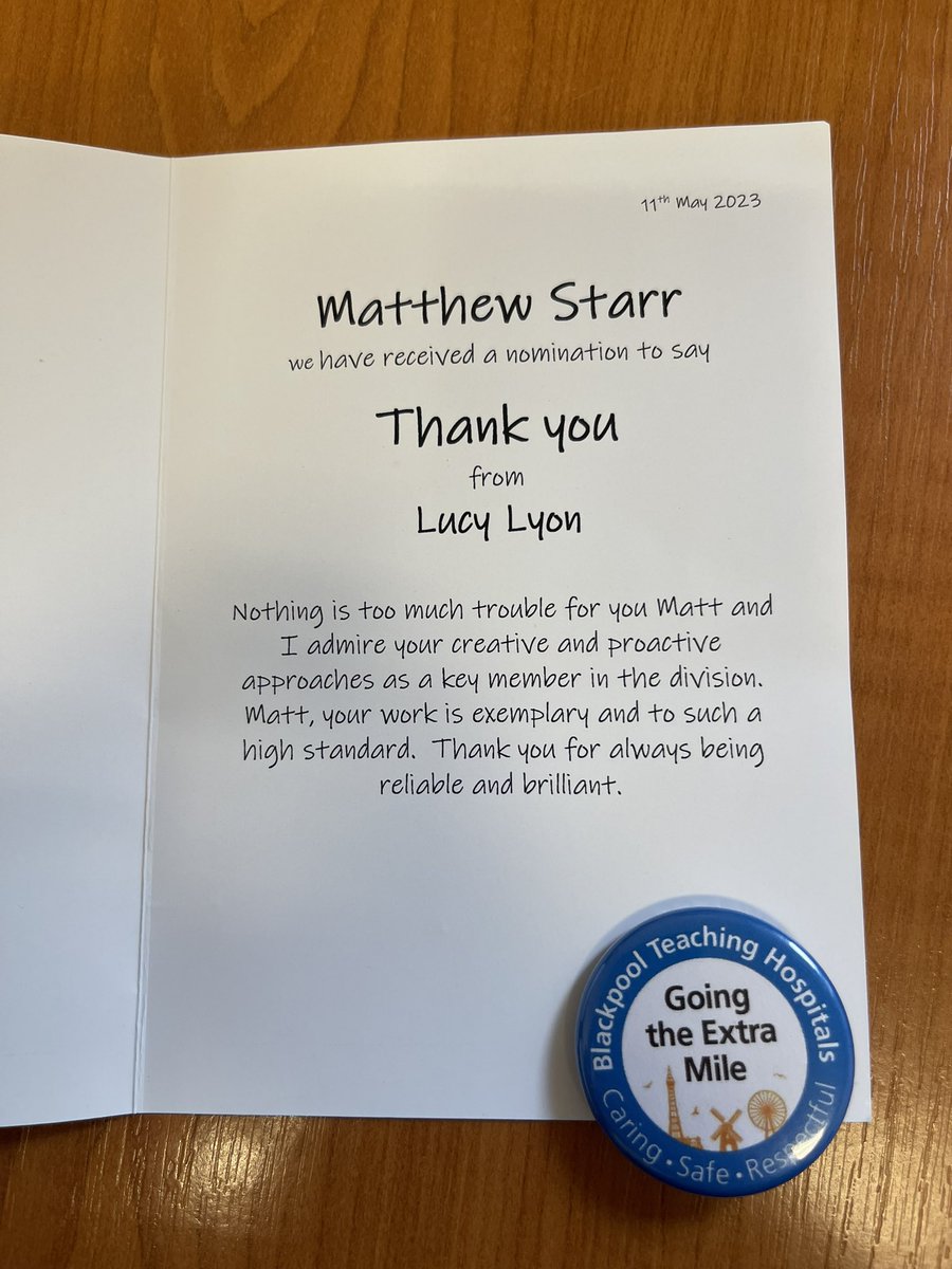 Thanks @LucyLyon6 for the #GoingTheExtraMileAward and putting a smile on my face! Always nice to receive positive feedback ☺️ @BTHTertiarySD @BlackpoolHosp @BTH_WellTeam @stephpellatt #TeamBTH #StaffRecognition #Wellbeing #GEMAward