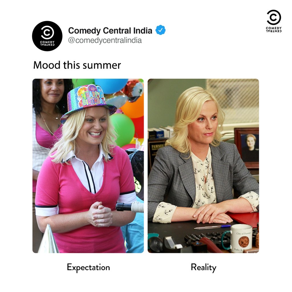 ComedyCentralIn's tweet photo. We hope your summer is going better than us π
Watch 3 hours of back to back humour from Mon-Fri at 7 PM only on #ComedyCentralIndia.
#ComedyCentral #TheOffice #TheMiddle #ParksAndRecreation #Stanley #StanleyHudson #Axl #AxlHeck #Leslie #LeslieKnope #Summer #SummerMood #SummerVibes #Expectation #Reality