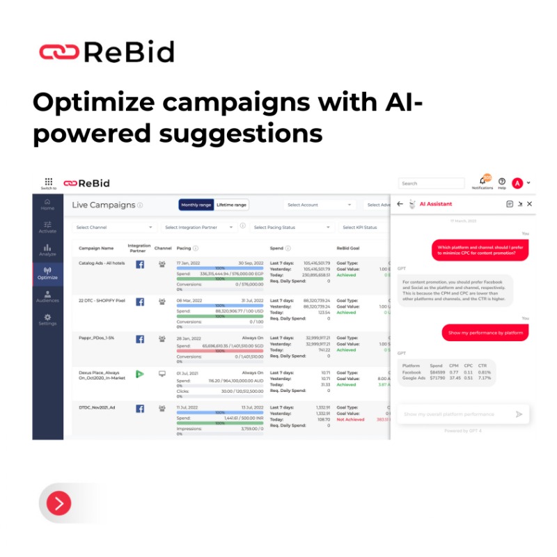 rebidco's tweet photo. Marketers, imagine having your #AI #MediaAnalyst do the analysis of all your campaigns. Well, it's possible!
#ReBid’s AI Assistant enables #advertisers to analyze their live & historical campaigns across #search, #social, #programmatic & #ecommerce!