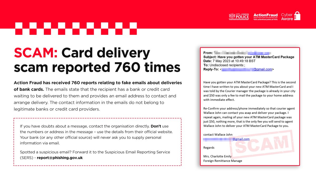 reportfrauduk's tweet photo. ⚠️ Watch out for these FAKE emails informing you about an undelivered bank or credit card.
✅Received an email you think is suspicious? Report it by forwarding the email to: report@phishing.gov.uk
#PhishyFridays https://t.co/OPxaSrHfCA