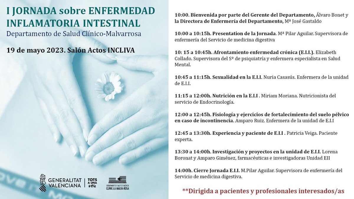 GVAclinic's tweet photo. 🗓️Día Mundial de la Enfermedad inflamatoria intestinal

👩‍⚕️Nos sumamos al día con la celebración de la I jornada multidisciplinar organizada por enfermeras del Sº Medicina Digestiva y que ha reunido a pacientes y profesionales

#crohn #visibilidadeii https://t.co/Mv36NqzX0e