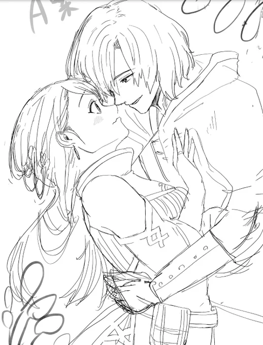 一年前くらいに描いたウサセカ表紙案のラフが出てきたので載せておきます🐰  この時はまだ服のデザインが定まっていなくてラグラスの服もフィオナの服も本編とちょっと違います。懐かしい。  #ウサセカ #ウサギ様が選んだのは世界から嫌われたハーフエルフでした
