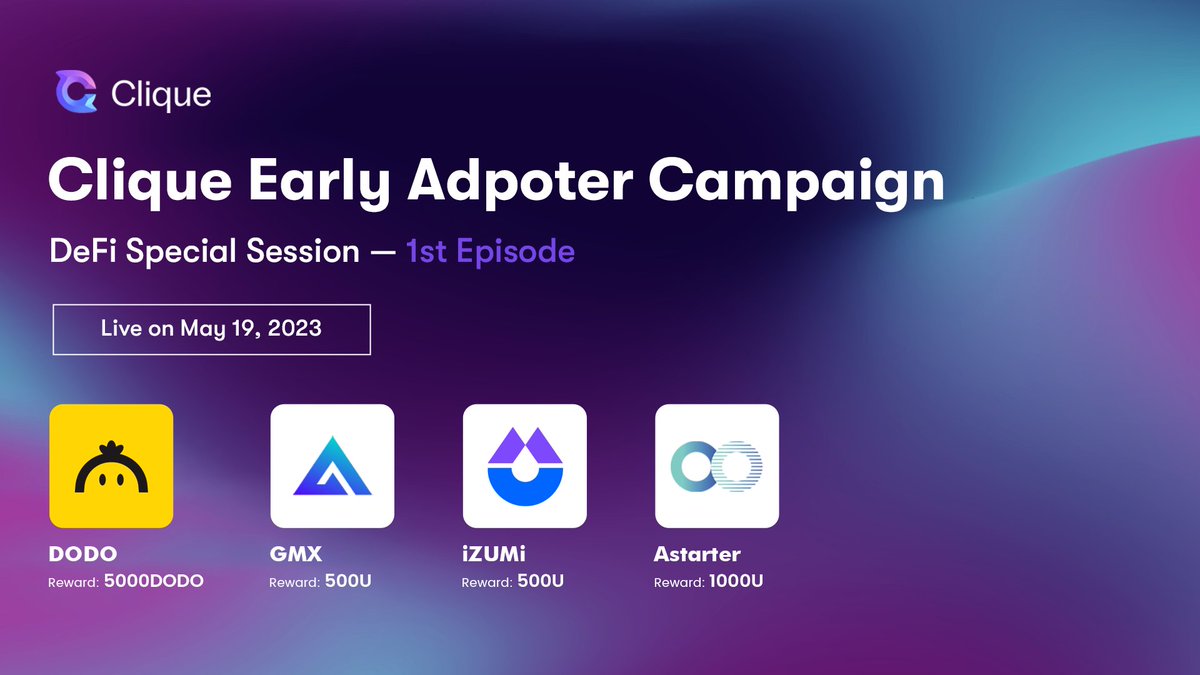 Provenance2046's tweet photo. 🤩 We are excited to start Clique Early Adopter Campaign in the DeFi vertical! 

🥳Thrilled to invite @BreederDodo, @GMX_IO, @izumi_Finance and @AstarterDefiHub to be the partners of the 1st Episode.

🤑Read below to find out more about our partners and start your treasure hunt⬇️ https://t.co/AP2XwYRvFb