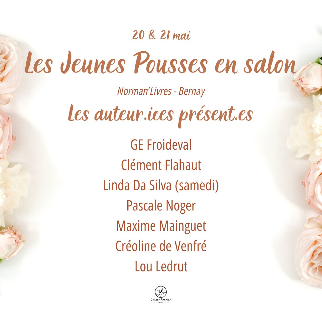 🌹Les Jeunes Pousses en salon🌹

Ce week-end, nous serons au salon @normanlivres de Bernay ! Vous pourrez y retrouver nos auteurs talentueux ! 😎

Alors, n'hésitez pas à venir nous faire un petit coucou ! 🌱