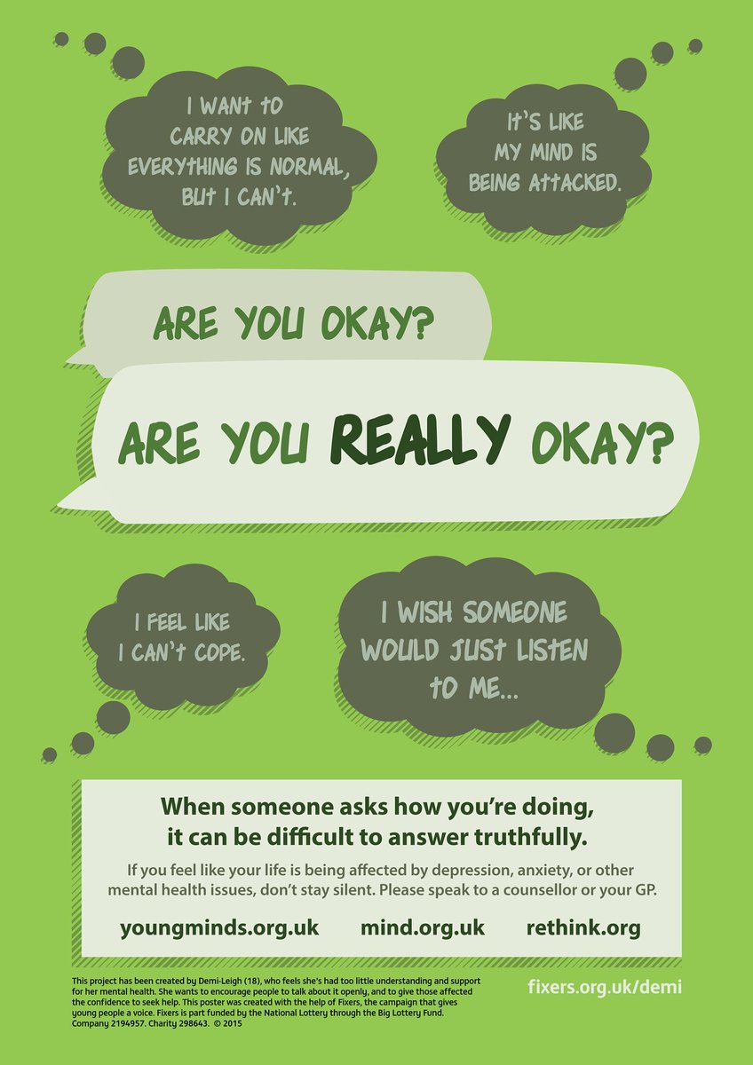 Kick starting our week-long celebration of <a href="/FixersUK/">Fixers</a> Campaigns created to raise awareness of #MentalHealth across the UK. 

This poster was created by a young person in #Dudley 

Are you okay? 
Are you REALLY okay? 

#MentalHealthAwarenessWeek #YouthVoice #FixerNation