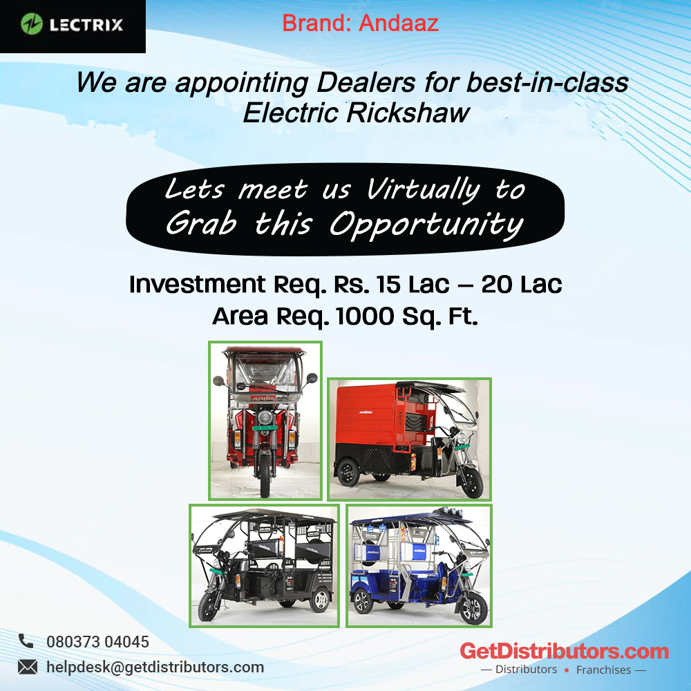 We are appointing Dealers for best-in-class Electric Rickshaw
Brand ⭐ Andaaz
Complete details 👉 bit.ly/3Ti3YnX

Share your contact number for this #BusinessOpportunity.

#ERickshaw #EV #Dealership #AppointDistributors #GetDistributors #Suppliers #Wholesalers #Traders