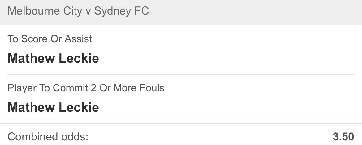 CrackTheStats's tweet image. Leckie ⚽️ or 👟 + 2 Fouls 👀🇦🇺

#bettingtips #bettingtwitter