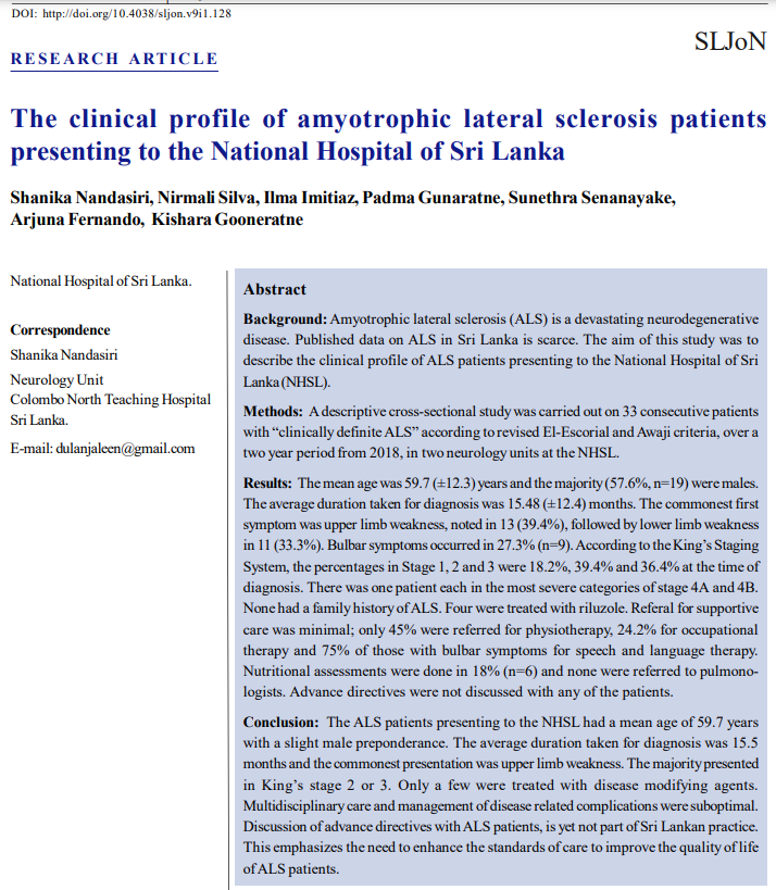SLJoN Research Article
The clinical profile of amyotrophic lateral sclerosis patients presenting to the National Hospital of Sri Lanka 
S. Nandasiri, N. Silva, I. Imitiaz, P. Gunaratne, S. Senanayake, A. Fernando, K. Gooneratne
sljon.sljol.info/articles/10.40…
#Neurology #ALS  #SriLanka