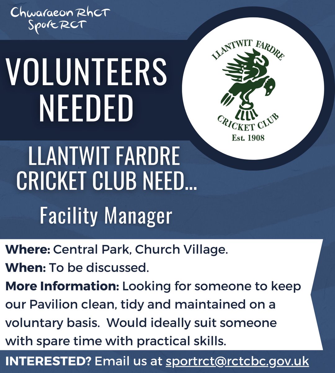 SportRCT's tweet photo. NEW Volunteer Opportunities! Could you volunteer your time to help out a sports club?

🏏 @FardreCC (Facility Manager, Junior Coaches, Helpers and Fixture Secretary)
⚽️ @AfcPenrhiwceib1 (Coaches)

Read the adverts to learn more. Email us to enquire! https://t.co/qSGXgK54nL