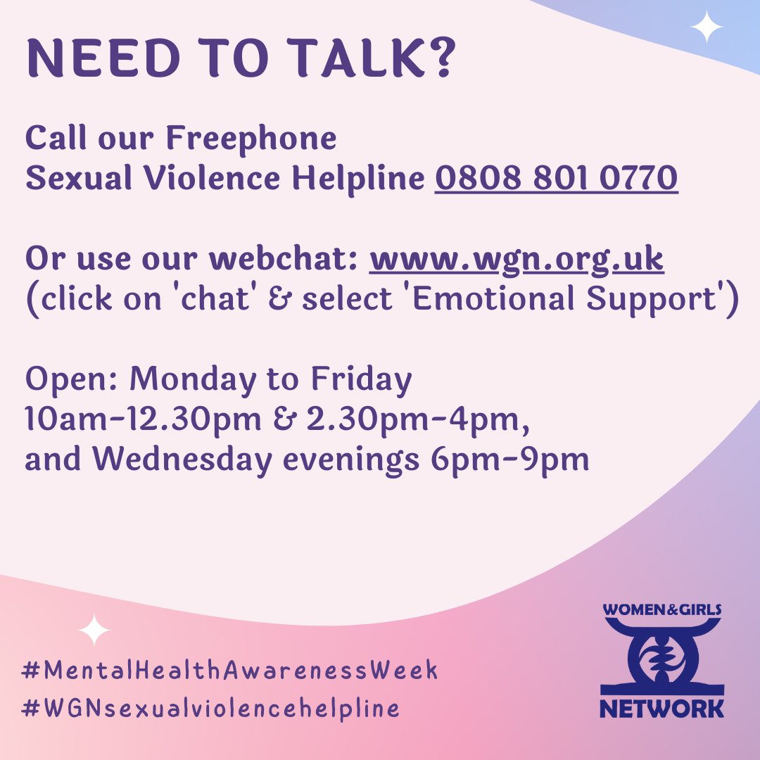 “If we can share our story with someone who responds with empathy and understanding, shame can't survive.” Brené Brown. Need somewhere safe to talk? Call our Freephone Sexual Violence Helpline: 0808 801 0770 wgn.org.uk/our-services/a… #SelfCare #MentalHealthAwarenessWeek