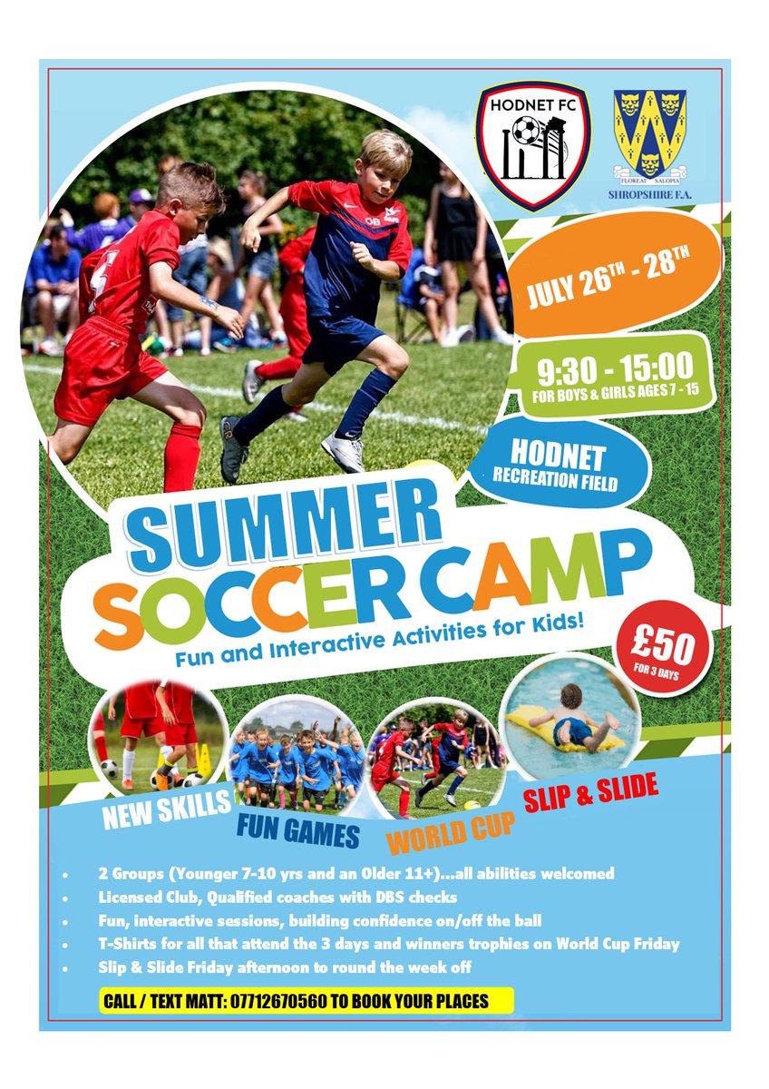 Hodnet FC (@hodnetfc) on Twitter photo ⚽️ HODNET SOCCER CAMP ⚽️
JULY 26th - JULY 28th ⚽️ HODNET SOCCER CAMP ⚽️
JULY 26th - JULY 28th