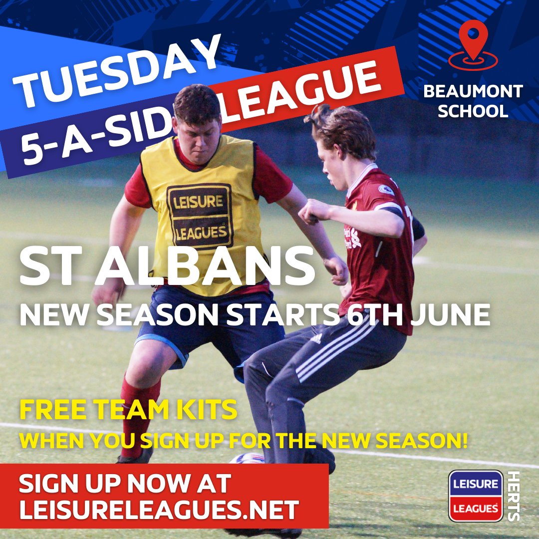 St Albans 5-A-SIDE league starting soon - sign your team up now and get a free team kit - bit.ly/stalbansbeaumo…

#leisureleagues #leisureleaguesherts #football #localfootball #5asidefootball #footballleague #team #footballteam #stalbansfootball #footballstalbans