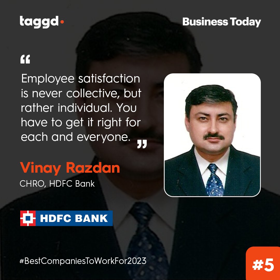 _taggd's tweet image. HDFC Bank has risen to 5th place in the Taggd-Business Today #bestcompaniestoworkfor2023 survey. Vinay Razdan discusses how, in order to create an employee-centric work culture, you must be considerate of each and every employee. 

Read more here: bit.ly/3mArjW2