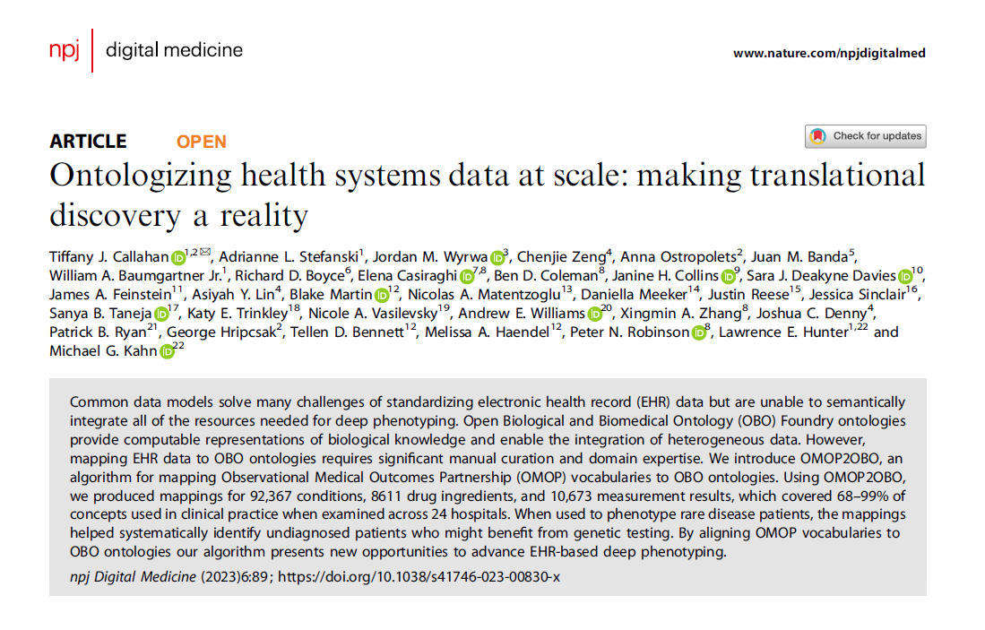 Advancing EHR-based deep phenotyping... An algorithm for mapping clinical Observational Medical Outcomes Partnership (OMOP) vocabularies to <a href="/OBOFoundry/">OBO Foundry</a> ontologies to help systematically identify undiagnosed patients who might benefit from genetic testing.

nature.com/articles/s4174…