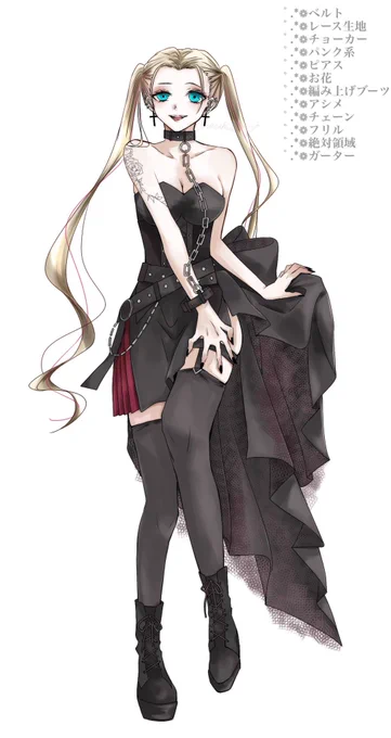 みれっちゃんの企画で「1人3つずつ装飾や小物など指定してキャラ描こ〜!!(コピペ)」ってやつでーーーす!!!性癖詰めましたー!!!!!!!!美人なお姉さん!!!!!!!!絶対領域!!!!!!!!!!!!! 
