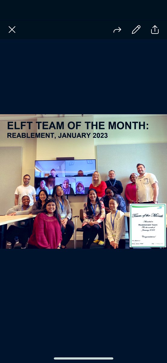Geraldine_OT's tweet photo. Proud to be part of this team - Reablement Team at Tower Hamlets has been nominated and awarded ELFT Team of the month in January 2023 for the collaborative work and support to ELFT Community Therapy teams and their patients. #ReablementService  #OccupationalTherapy @theRCOT https://t.co/ZmCb4nU9aq