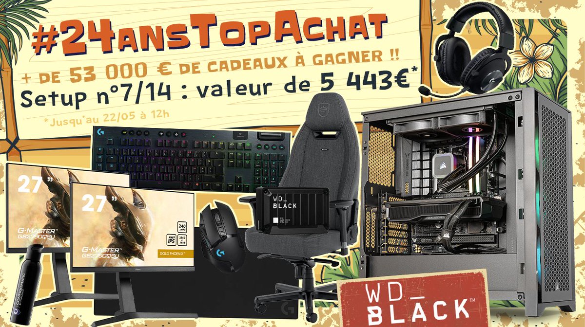 Concours 🎁 #24AnsTopAchat 🔥 + de 53 000 € de cadeaux à gagner ! 🔥 Au tour du #Setup7 de 5443 € ! Pour participer ☑ #RT ce tweet ☑ Follow @TopAchat Participe aussi sur TikTok / Discord / Insta / Facebook topachat.com/p/content/conc… 🍀 TAS le 22/05 à 12h