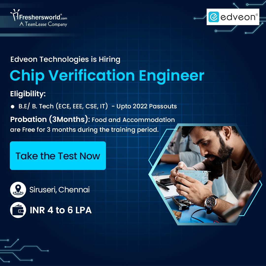 Freshersworld's tweet photo. Edveon Technologies is hiring for the role of Chip Verification Engineer
Take the Test Now: https://t.co/nXYHXsBebU
Follow @Freshersworld for the latest job updates.
#onlinetest #chipverificationengineer #engineeringjobs #btechjobs #siruseri #chennaijobs #freshersworld https://t.co/DVHjEZeqDG
