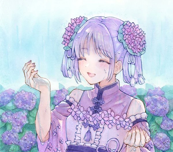 1girl flower hydrangea solo hair ornament smile purple eyes  illustration images