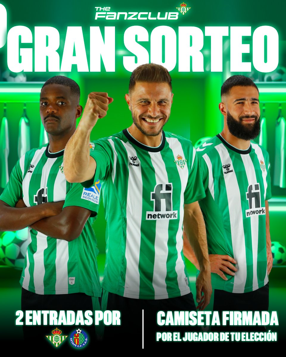 RealBetis's tweet image. ¡Gran sorteo! 🎁

Gana 2 entradas para el #RealBetisGetafe y una camiseta firmada por el jugador de tu elección 🎫👕

¿Cómo conseguirlas?
1⃣ RT y dale like a este tweet 🔃👍
2⃣ Entra en Fanzclub.com/realbetis/expe… y haz clic en "participar" 📲💻