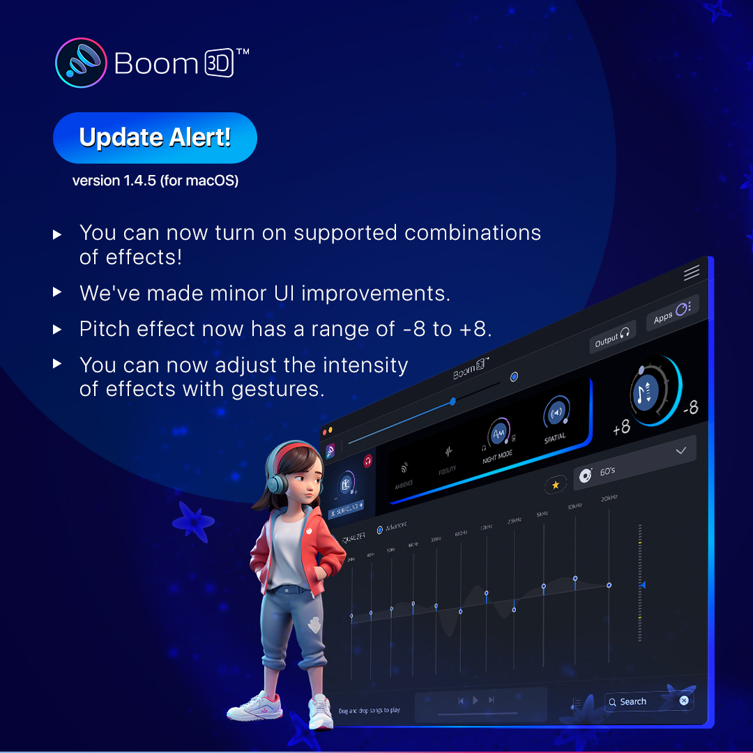 BoomApp's tweet image. Update notes for v1.4.5 of Boom 3D for macOS. 
Give it a go now! 👉 bit.ly/BoomAudio

#UPDATE #UpdateAlert #Audio #Boom3D #FeelYourAudio #HearingIsBelieving