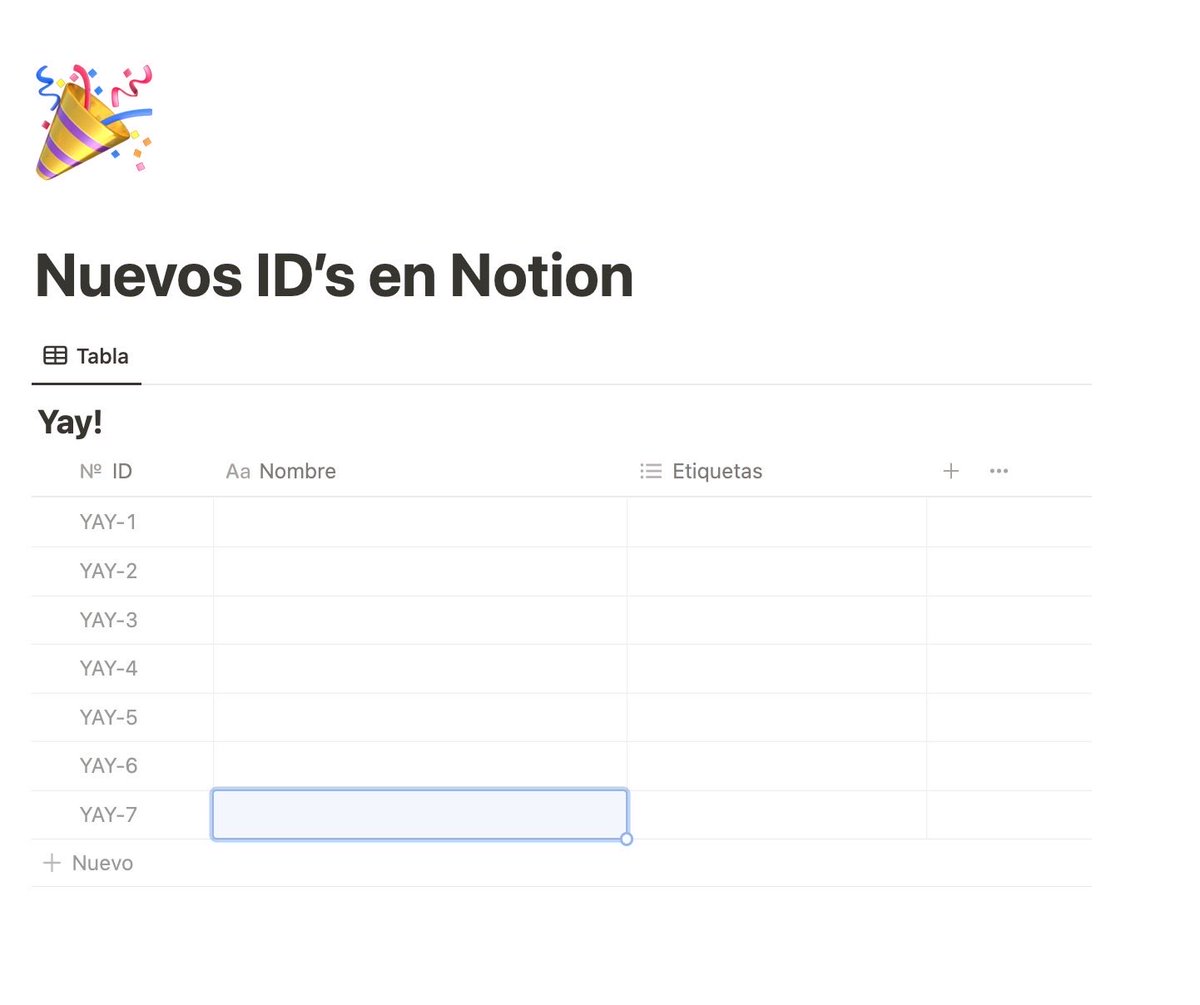 ¡Esto no para! 

⁦<a href="/NotionHQ/">Notion</a>⁩ acaba de lanzar los IDs.

Una nueva propiedad que era ya muy necesaria. Nosotros la estamos utilizando para darle un ID a nuestros presupuestos.

Pero puede servir para darle un ID a cualquier cosa: tareas, proyectos, tickets de soporte…etc