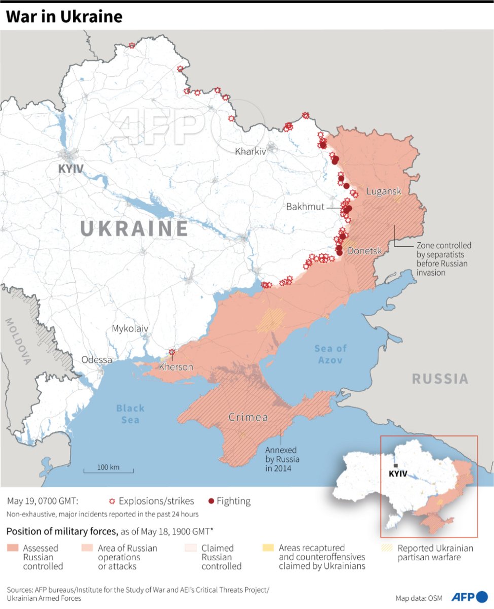 AFPGraphicsRT's tweet image. RT @AFP: Map showing the situation in Ukraine, as of May 19 at 0700 GMT 
#AFPgraphics