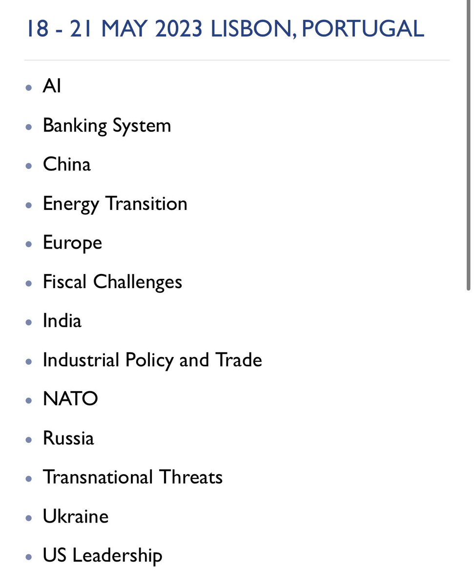 #Bilderberg2023 is on. 

At a completely locked down Lisbon hotel. 

Media coverage strictly prohibited. 

Guests include Stultifyingberg, Kissinger, Palantir's Karp, Pfizer's Bourla, Dutch and Danish PMs.

Key item: the Atlanticist war on RICs (Russia, China, India).