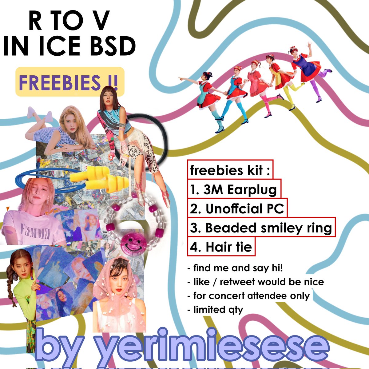 yerimiesese's tweet photo. FREEBIES KIT R to V in Jakarta
by @yerimiesese 🦋💜
 
📍ICE BSD 20 May 2023 (for specific time &amp; location will updated in this twt) 

Kit details on pic (5 colors for beaded ring avail) see you tomorrow luvies! 💓💙💛💚💜

#RedVelvet #RedVelvet4thConcert_RtoV_in_Jakarta
#Freebies https://t.co/gcQIgRrFTv