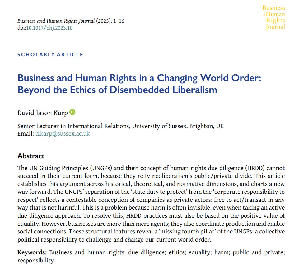 Hot off the press! Check out our new article on 'Business and Human Rights in a Changing World Order: Beyond the Ethics of Disembedded Liberalism' by @davidjasonkarp. Read, share and cite from here: cambridge.org/core/journals/… @ARamasastry