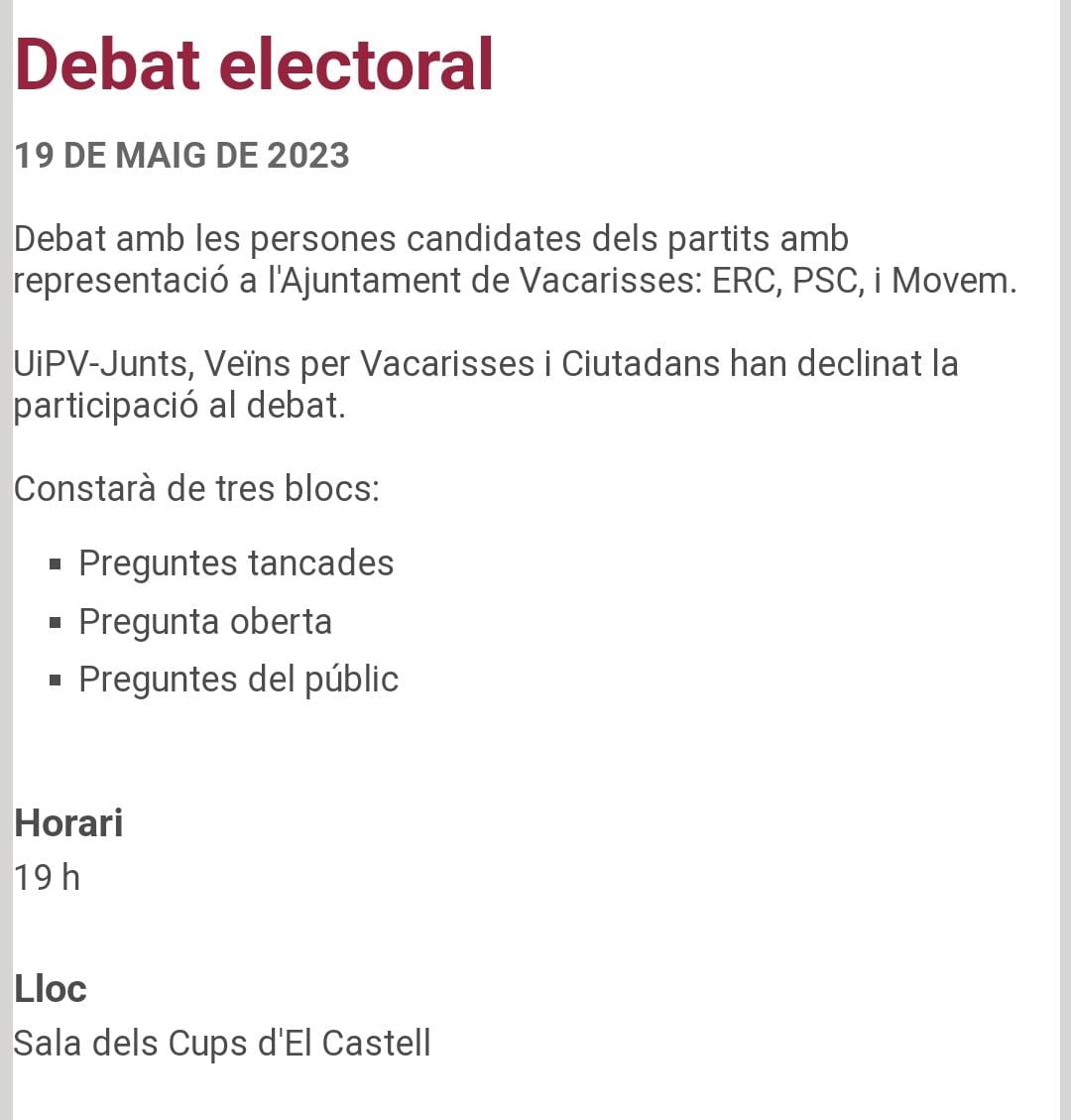 eestepalo's tweet photo. #Vacarisses
#UIPV-Junts-CM no hi participarà.
Podeu llegir-ne els motius aquí:
https://t.co/TBtpKqYXjK https://t.co/V6H9dxU6GG