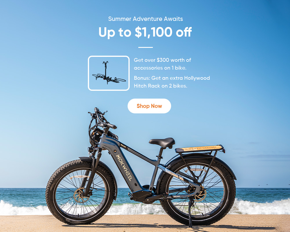 Mokwheel Summer Special Sale's Here! Buy 1 bike, you'll get: - 5 free accessories worth over $300. Buy 2 bikes, you'll get: A Hollywood Hitch Rack worth $499.99. *one of the bikes must be Basalt, Basalt ST, or Scoria. #ebike #electricbike #Mokwheel #summer2023 #SummerPromo