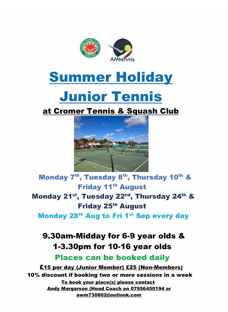 Here are our Summer Holiday Junior Tennis dates and times! Please book early to avoid any disappointment as places are limited! <a href="/AMtennis73/">AMtennis</a> #holidaytennis #enjoycromermore #meetnewfriends