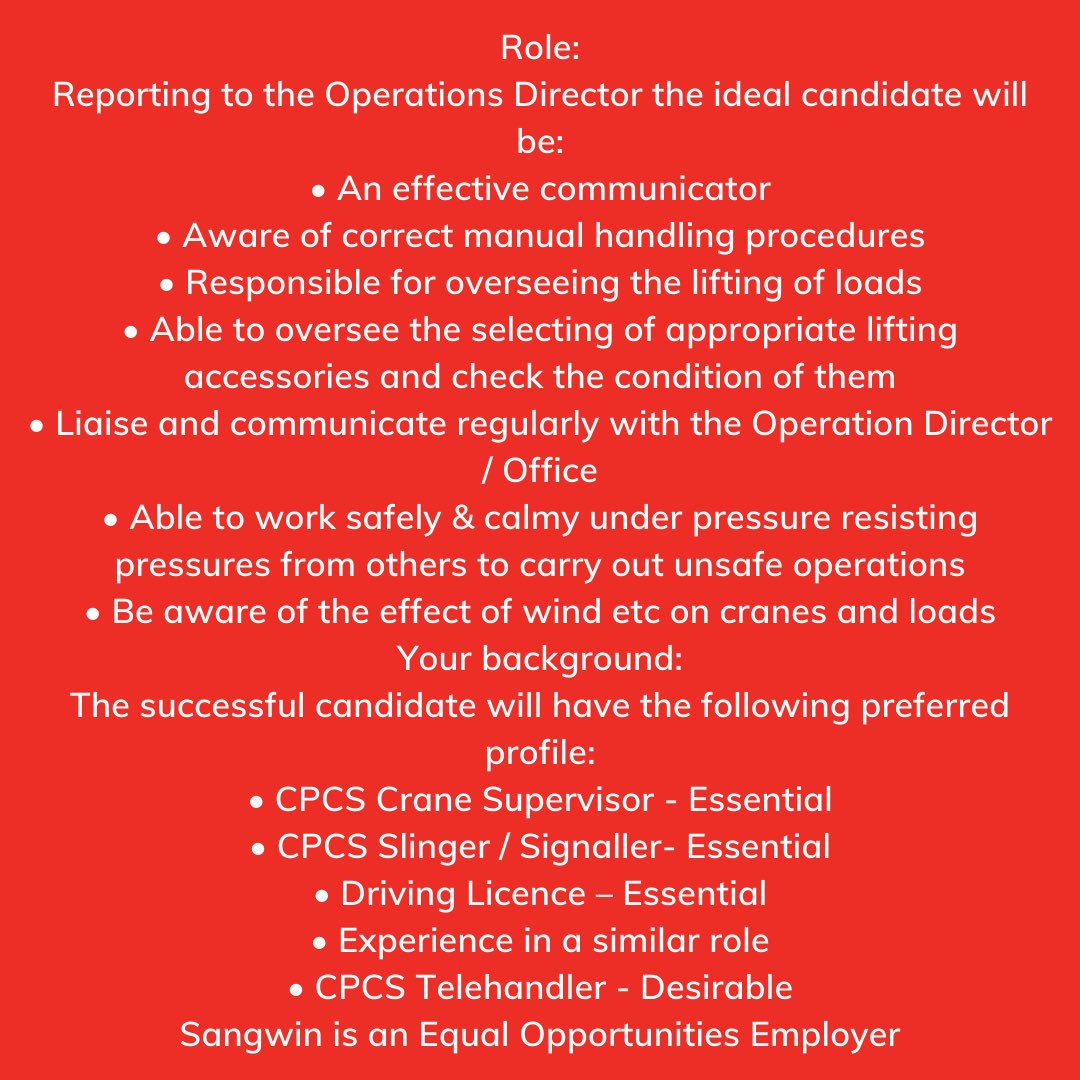 ❗️WE ARE HIRING ❗️ 

Due to internal restructuring, we are currently looking to appoint a CPCS A62 Lift / Crane Supervisor 

Please see below for more details! 

#sangwinplanthire #sangwingroup #newjobopportunity #wearehiringnow