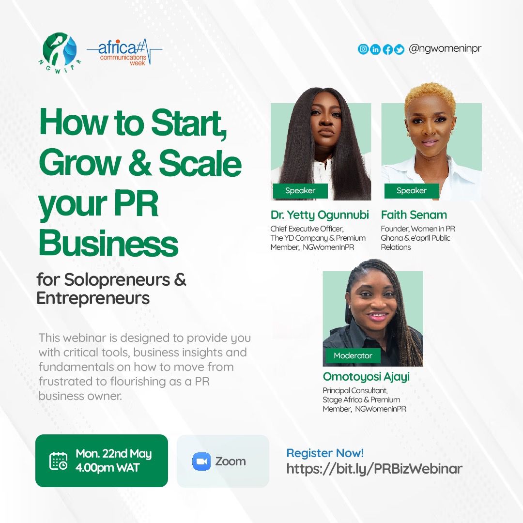 TheYDCompany's tweet photo. Date: Monday, 22nd May.
Time: 4pm WAT.
Secure your spot by signing up through this link - https://t.co/bnrI9l5csu
#YD #YDCompany #YDAgency #TheYDCompany #Communications #AfricaCommsWeek #NigerianWomenInPR #PR #PRAgency #PREvent #Webinar #Business https://t.co/y8BhuPDrBm