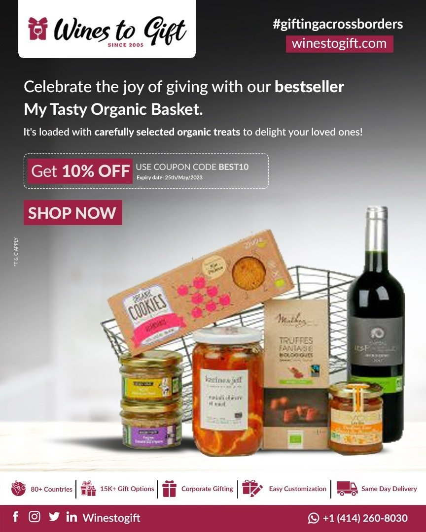 winestogift's tweet photo. Indulge in the joy of gifting with our bestselling #MyTastyOrganicBasket. 
It's the perfect gift for any occasion! 
Use code BEST10 for a 10% discount. 
Hurry, offer expires on May 25th. 

Order now 👉 https://t.co/as3OICII0s
.
.
.
#winestogift #bestseller https://t.co/DdHabiTaix