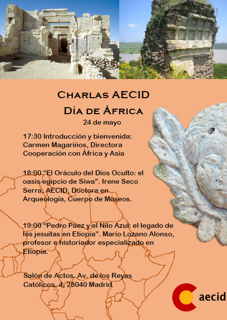 AECID_es's tweet photo. 🌍 Celebramos el #DíadeÁfrica con 2⃣ charlas sobre temas africanos en #AECID con @seco_serra y @Lanciense: 
✅El Oráculo del Dios Oculto: el oasis egipcio de Siwa 
✅Pedro Páez y el Nilo Azul: el legado de los jesuitas en Etiopía  

🗓️ 24/05 17:30h.
+info: https://t.co/ubShdnDsyi https://t.co/gLFYjvcOZt